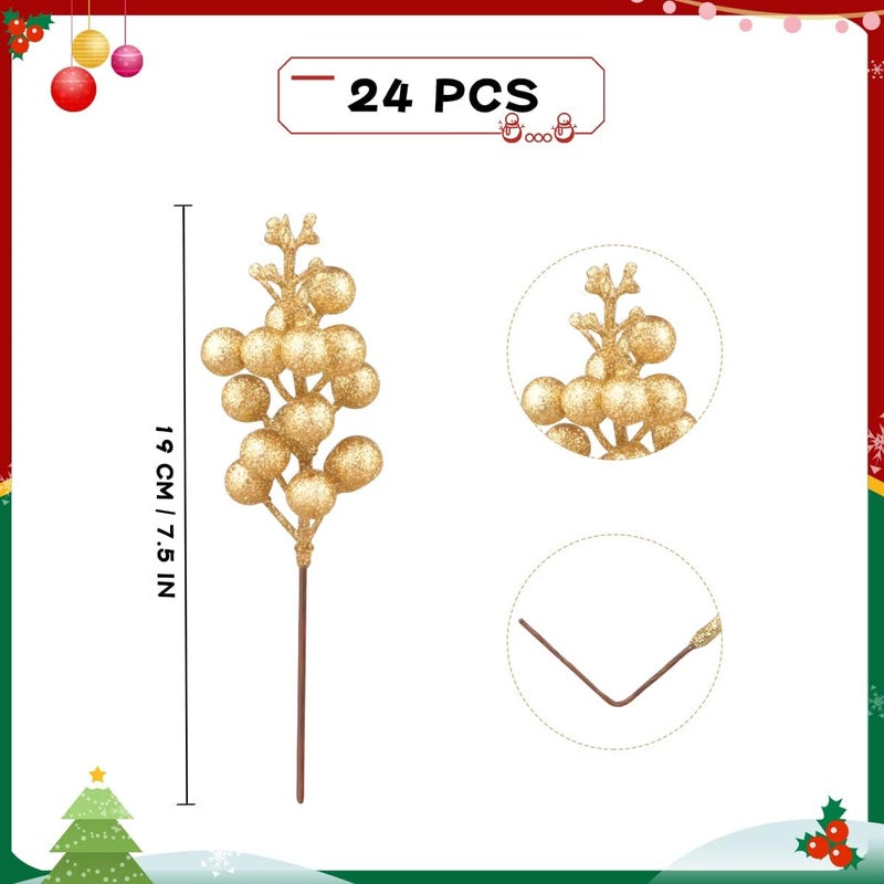 Meching 24 Pack Glitter Gold Berry Stems,7.5 Inch Christmas Sparking Gold Faux Winter Berry Sprigs,Artificial Berries Branches for Christmas Tree Garland Wreath Crafts Season Winter Home Decor - Image 2